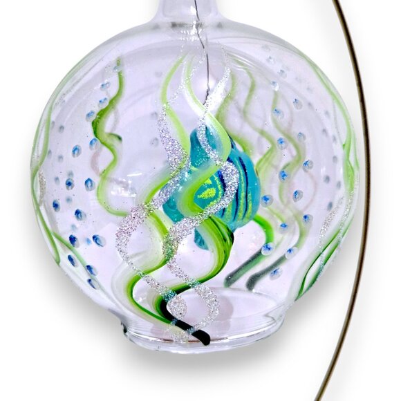 Vintage Hand-Painted Glass Coral Fish In Round Open Art Glass Ornament - Picture 6 of 8